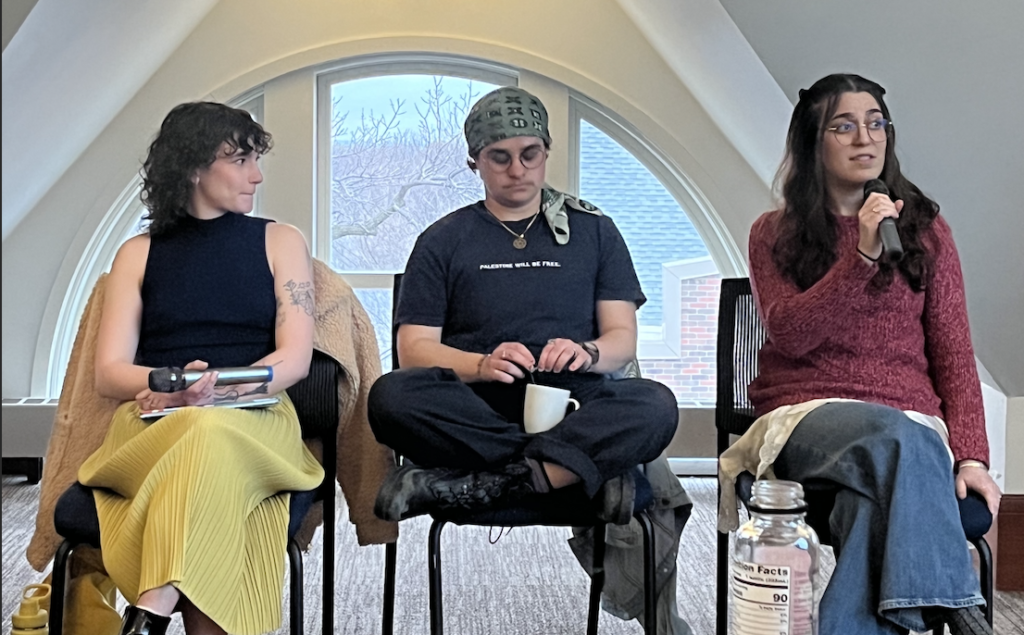 Miriam Moore-Keish, Birdie Keller, and Becca Lewis sitting in a row for the panel.